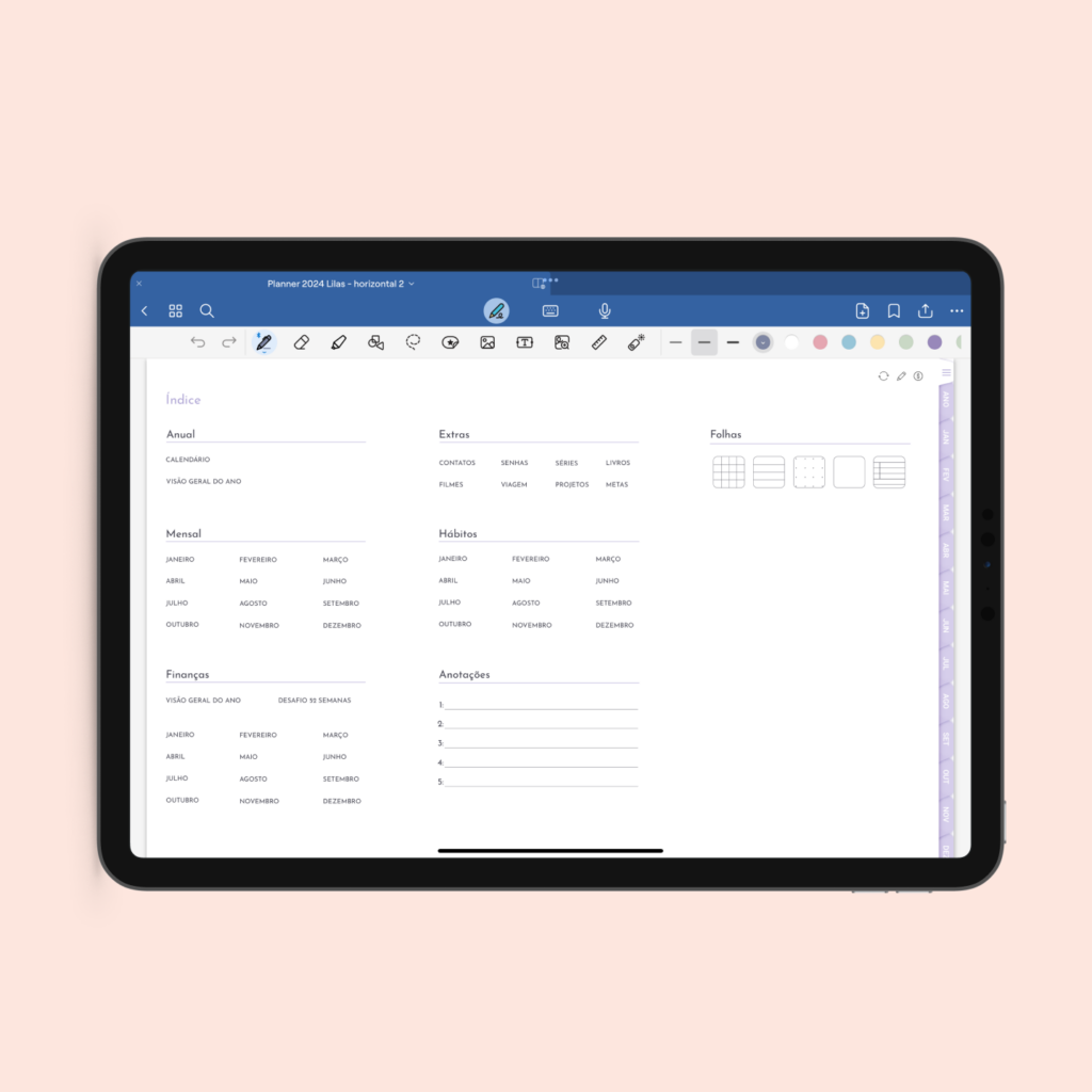 Planner Digital Lilás 2024 para iPad e Tablet Yasmin Araujo