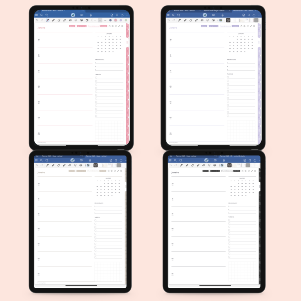 planner digital cores dos planner lilás, preto e branco, rosa, e bege