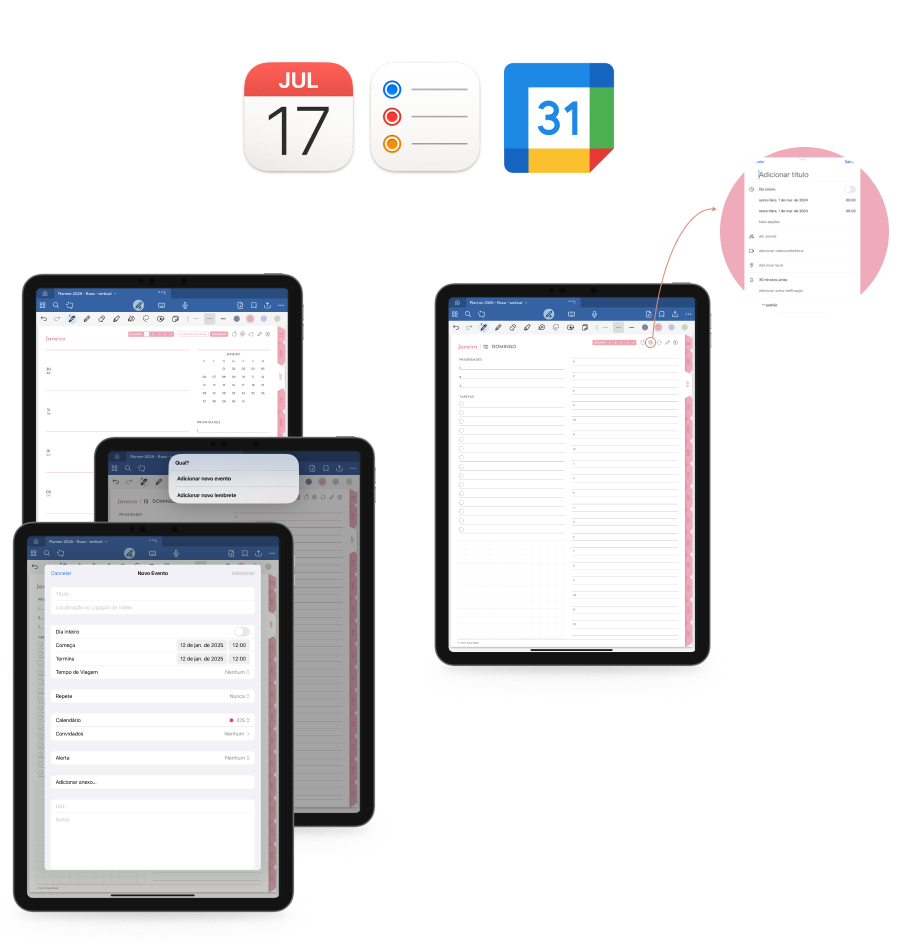 planner digital 2025 com links para o google agenda e apple calendar e lembretes