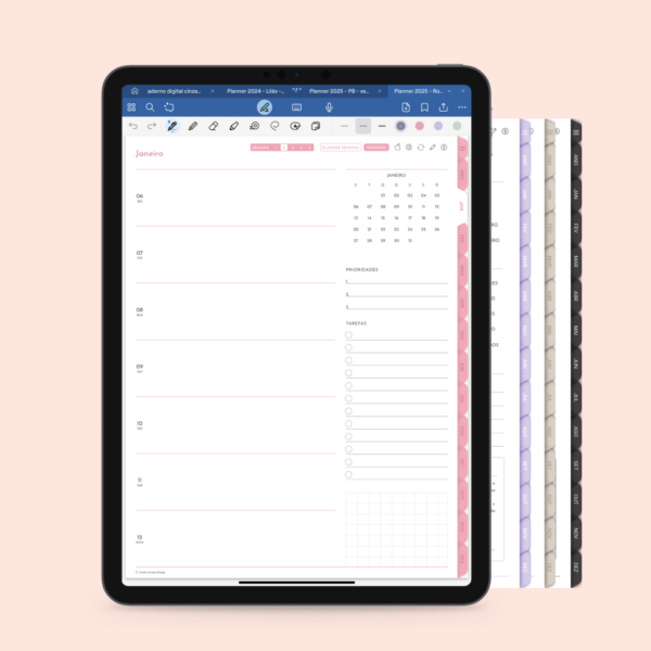 planner 2025 planejamento semanal e cores bege lilás rosa e pb