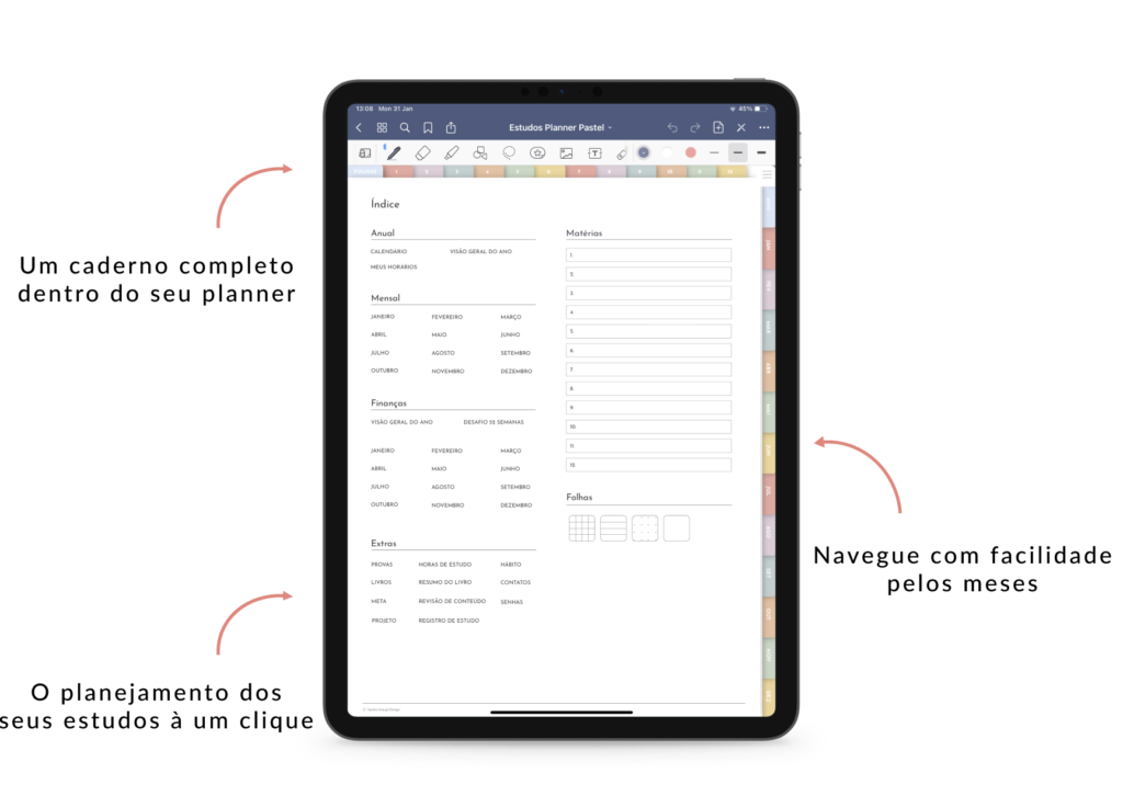 estudos planner - pastel